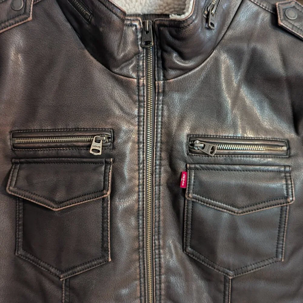 Men's NWT Levi's sherpa lined faux leather aviator bomber jacket, brown, size XL - Picture 3 of 6